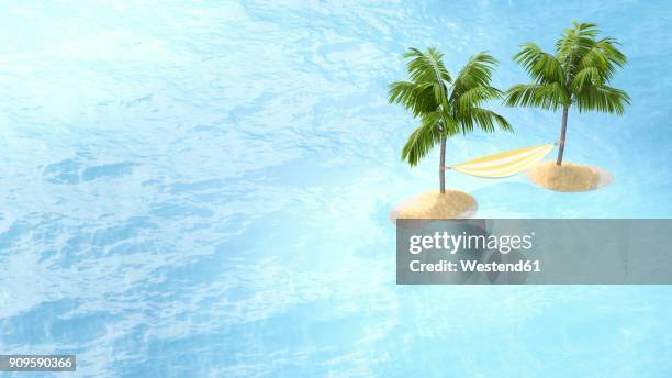 3d illustration, hammock between two islands, palms - hammock-between-palm-trees stock-grafiken, -clipart, -cartoons und -symbole