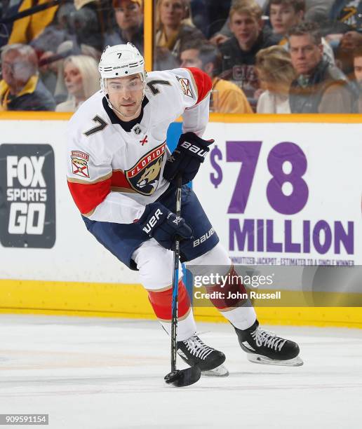 Colton Sceviour of the Florida Panthers skates against the Nashville Predators during an NHL game at Bridgestone Arena on January 20, 2018 in...