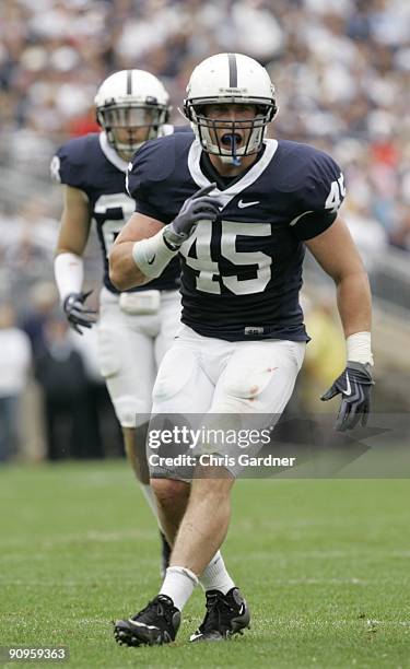 Linebacker Sean Lee of the Penn State Nittany Lions lines up for a play against the Syracuse Orangemen during the second half at Beaver Stadium...