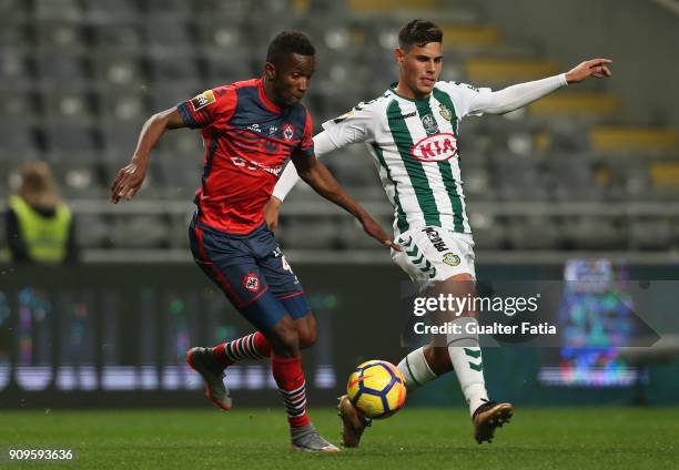 Oliveirense forward Fabian Cuero from Colombia with Vitoria Setubal midfielder Andre Pedrosa from Portugal in action during the Taca da Liga Semi...