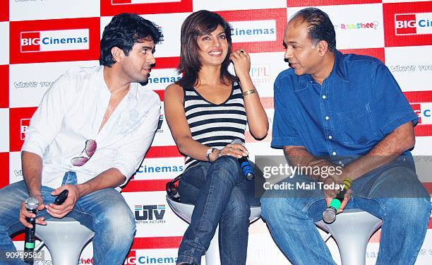 Actor Harman Baweja, actress Priyanka Chopra and director Ashutosh Gowariker at a promotional event for their forthcoming film What's your Rashee in...