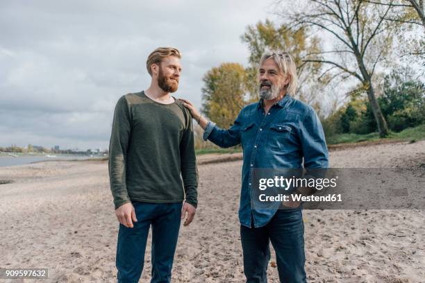 father and son taking a stroll at rhine river, meeting to talk - father son admiration stock pictures, royalty-free photos & images