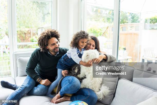 happy family with dog sitting together in cozy living room - family dog stock-fotos und bilder