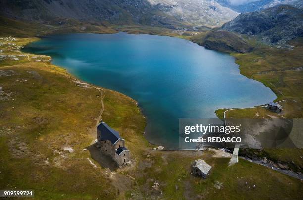 Miserin lake. Santuario Madonna delle Nevi. 2578 mt. Champorcher. Aosta Valley. Italy. Europe.