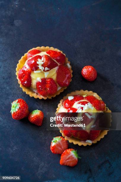 two strawberry tartlets with custard and white chocolate shaving on dark ground - chocolate chunks top view stock pictures, royalty-free photos & images
