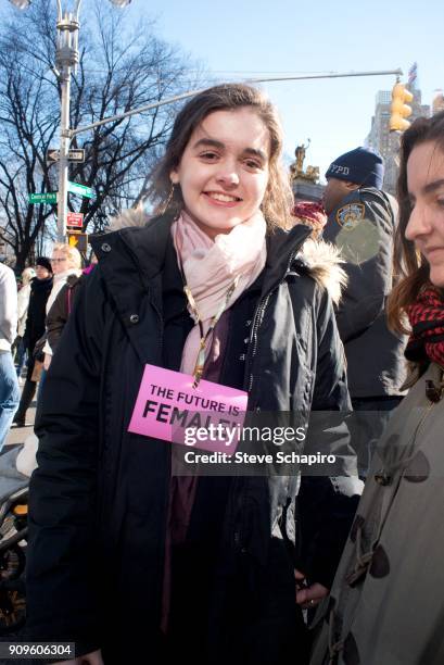 View of an unidentified demonstrator at the Women's March on New York, New York, January 20, 2018. She wears a tag that reads 'The Future Is Female!'