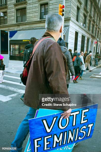 View of an unidentified demonstrator at the Women's March on New York, New York, January 20, 2018. He holds several signs, one of which reads 'Vote...