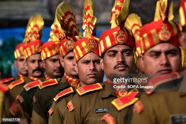 Sashastra Seema Bal take part in a full dress rehearsal for the upcoming Indian Republic Day parade in Srinagar, Indian administered Kashmir. Full...