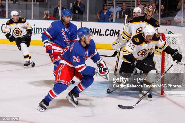Ryan Callahan of the New York Rangers skates against Johnny Boychuk of the Boston Bruins during a preseason game on September 15, 2009 at Madison...