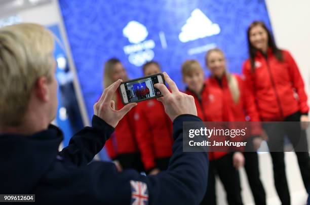 Lauren Gray, Vicki Adams, Kelly Schafer, Anna Sloan and Eve Muirhead pose during the Team GB Kitting Out Ahead Of Pyeongchang 2018 Winter Olympic...