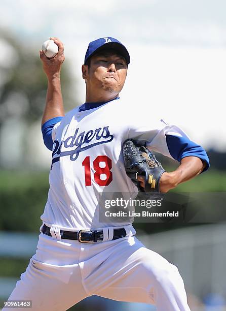 Hiroki Kuroda of the Los Angeles Dodgers pitches against the Pittsburgh Pirates at Dodger Stadium on September 16, 2009 in Los Angeles, California.