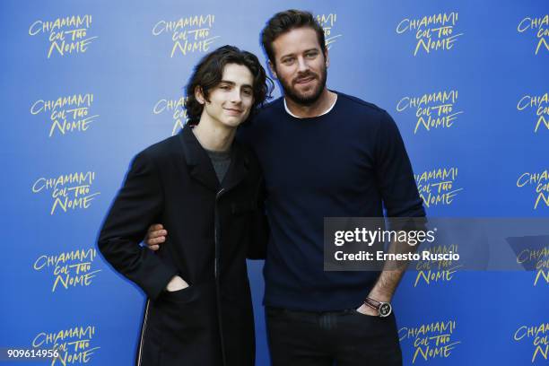 Timothee Chalamet and Armie Hammer attend 'Chiamami Col Tuo Nome ' at Hotel De Roussie on January 24, 2018 in Rome, Italy.