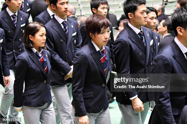 Captain Nao Kodaira attends the PyeongChang Winter Olympic Japan Team sending off ceremony at the Ota City General Gymnasium on January 24, 2018 in...