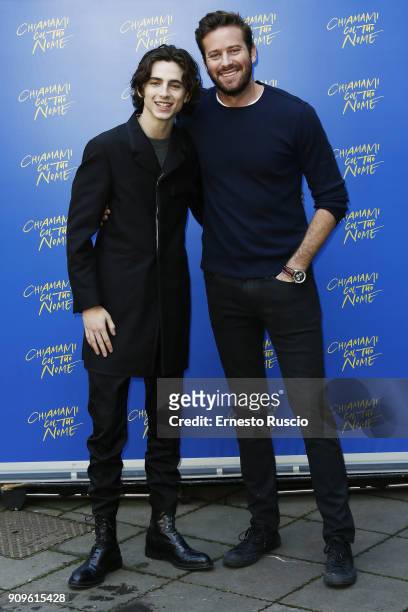 Timothee Chalamet and Armie Hammer attend 'Chiamami Col Tuo Nome ' at Hotel De Roussie on January 24, 2018 in Rome, Italy.
