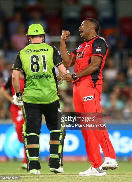 Kieron Pollard of the Renegades celebrates taking the final wicket during the Big Bash League match between the Sydney Thunder and the Melbourne...