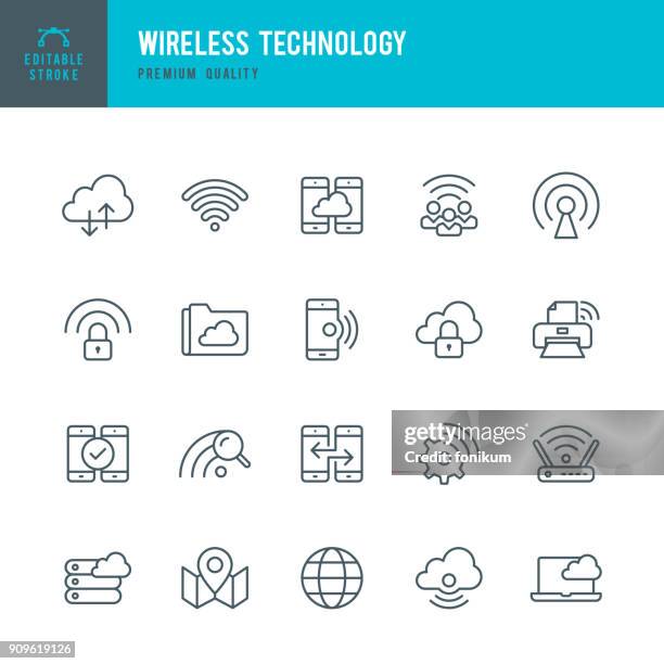 wireless-technologie - dünne linie vektor-icons set - cyber lock icon stock-grafiken, -clipart, -cartoons und -symbole