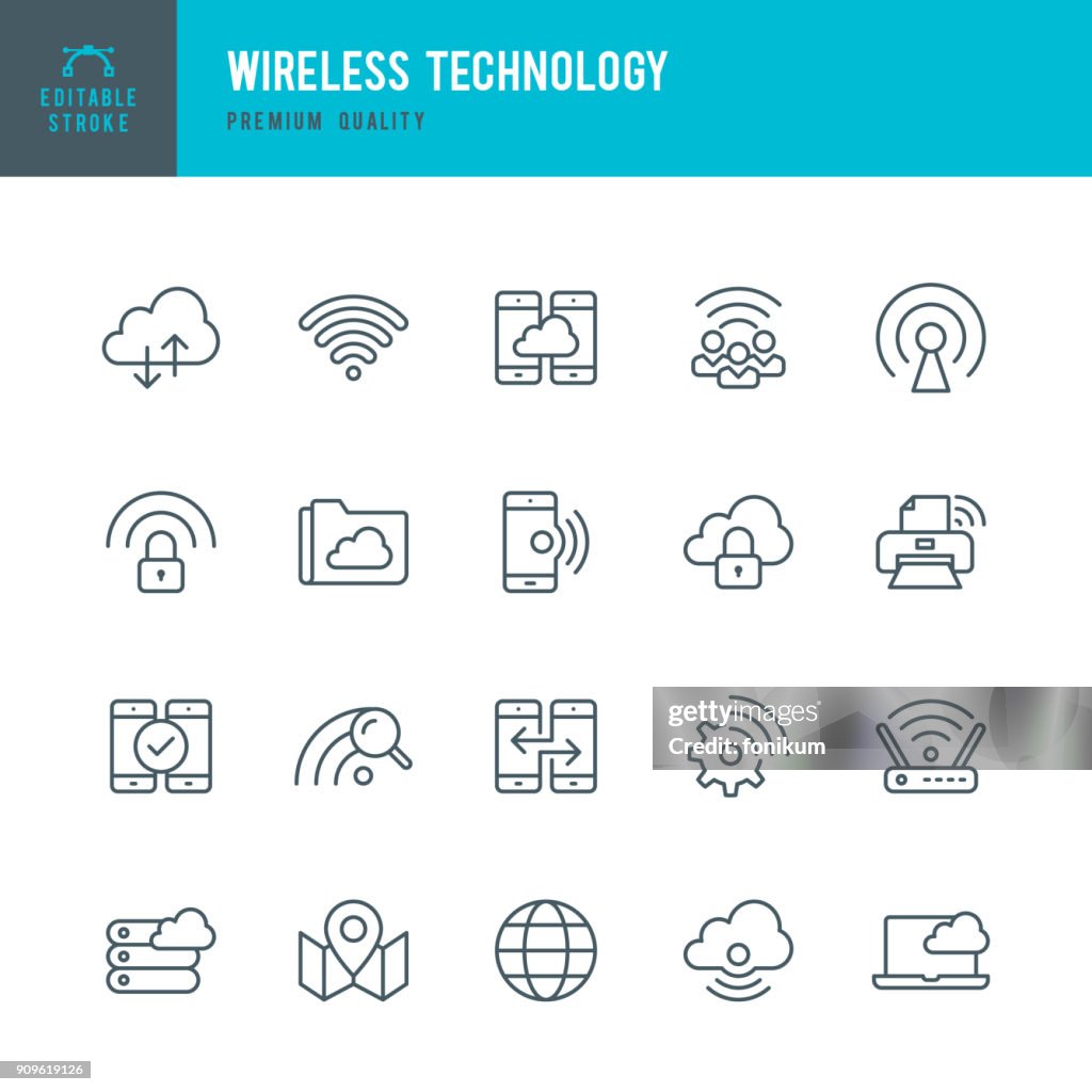 ワイヤレス テクノロジ - 細い線ベクトルのアイコンを設定
