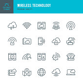 Wireless Technology - set of thin line vector icons