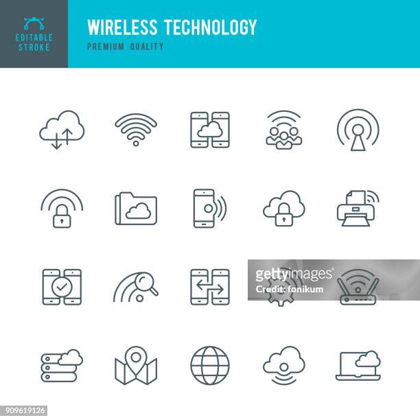 wireless technology - set of thin line vector icons - cloud computing stock illustrations