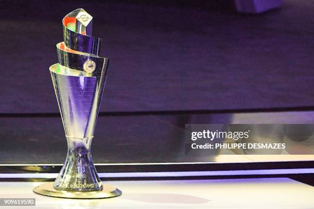 The competition's trophy is displayed during the UEFA Nations League draw at the headquarters of the European football organisation in Lausanne, on...