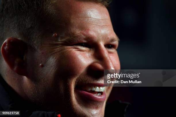 Dylan Hartley of England speaks during the 6 Nations Launch event at the Hitlon on January 24, 2018 in London, England.