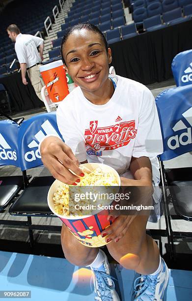 Iziane Castro Marques of the Atlanta Dream relaxes before Game Two of the WNBA Eastern Conference Semifinals against the Detroit Shock at Gwinnett...