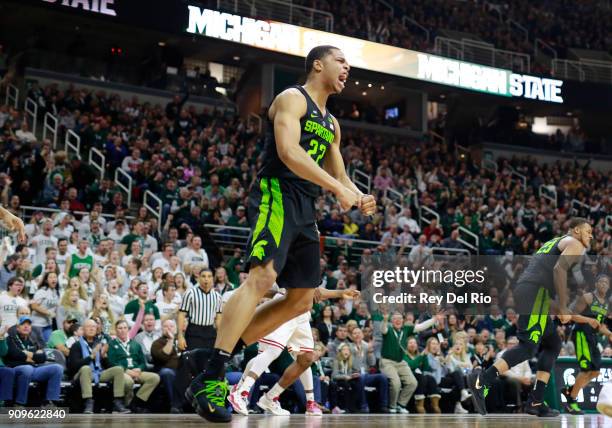 Miles Bridges of the Michigan State Spartans celebrates his made basket during a game against the Indiana Hoosiers at Breslin Center on January 19,...