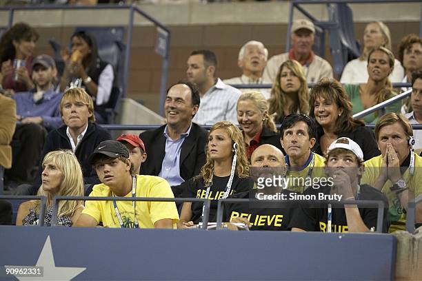 View of family of USA Melanie Oudin mother Leslie Oudin, coach Brian de Villiers , and father John in stands during Women's Quarterfinals vs Denmark...