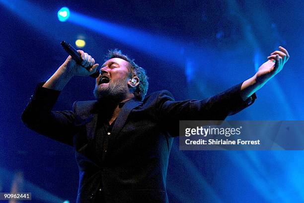 Guy Garvey of Elbow performs a homecoming show at Manchester Evening News Arena on September 18, 2009 in Manchester, England.