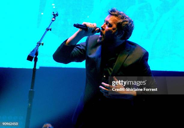 Guy Garvey of Elbow performs a homecoming show at Manchester Evening News Arena on September 18, 2009 in Manchester, England.