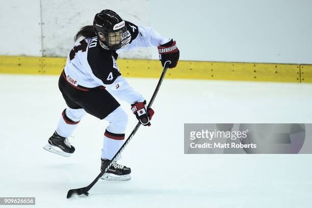 Ayaka Toko of Japan passes the puck during the Women's Ice Hockey International Friendly match between Japan v Germany on January 24, 2018 in Tokyo,...