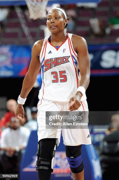 Cheryl Ford of the Detroit Shock walks up court during the game against the Atlanta Dream in Game one of the Eastern Conference Semifinals during the...