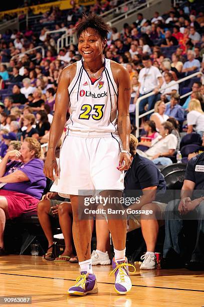 Cappie Pondexter of the Phoenix Mercury smiles during the WNBA game against the Atlanta Dream on September 5, 2009 at US Airways Center in Phoenix,...