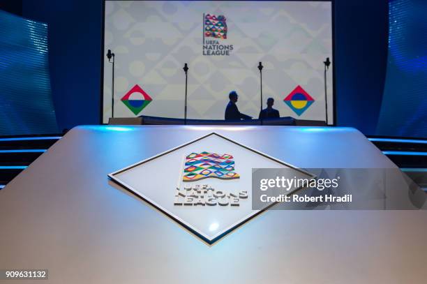 Feature of the UEFA Nations League logo during the UEFA Nations League Draw 2018 at Swiss Tech Convention Center on January 24, 2018 in Lausanne,...