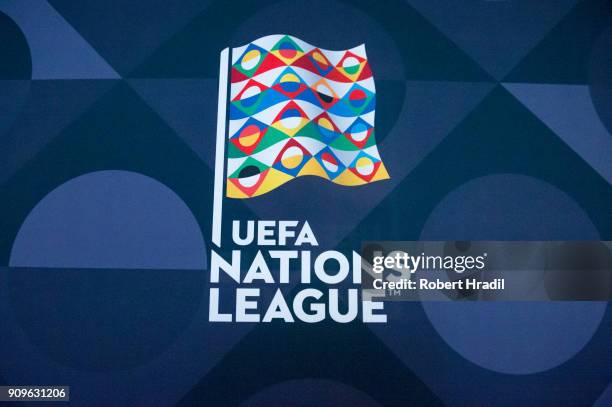 Feature of the UEFA Nations League logo during the UEFA Nations League Draw 2018 at Swiss Tech Convention Center on January 24, 2018 in Lausanne,...