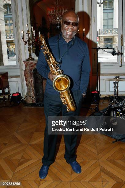 Saxophonist Manu Dibango attends the Franck Sorbier Haute Couture Spring Summer 2018 show as part of Paris Fashion Week on January 24, 2018 in Paris,...