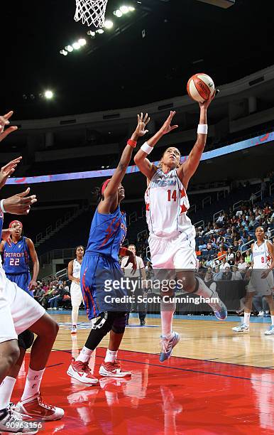 Erika de Souza of the Atlanta Dream puts up a shot during Game Two of the WNBA Eastern Conference Semifinals against the Detroit Shock at Gwinnett...