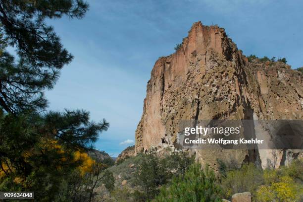 View of the cliff side with dwellings at the Bandelier National Monument near Los Alamos, New Mexico, USA.