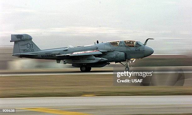 Marine Corps EA-6B Prowler takes off from Aviano Air Base, Italy, to support NATO operations over the former Republic of Yugoslavia. U.S. Marine...