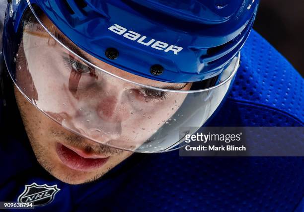 Auston Matthews of the Toronto Maple Leafs looks on before a face off against the Colorado Avalanche during the first period at the Air Canada Centre...