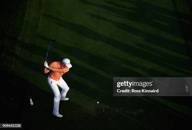 Henrik Stenson of Sweden on the 17th tee during the pro-am event prior to the Omega Dubai Desert Classic at Emirates Golf Club on January 24, 2018 in...