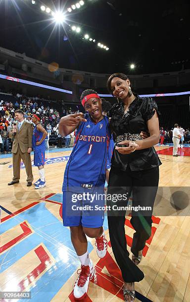 Shavonte Zellous and Plenette Pierson of the Detroit Shock celebrate after Game Two of the WNBA Eastern Conference Semifinals against the Atlanta...