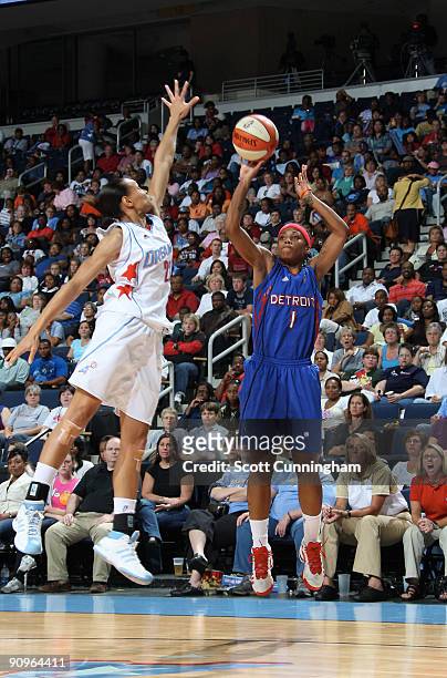 Shavonte Zellous of the Detroit Shock puts up a shot during Game Two of the WNBA Eastern Conference Semifinals against the Atlanta Dream at Gwinnett...