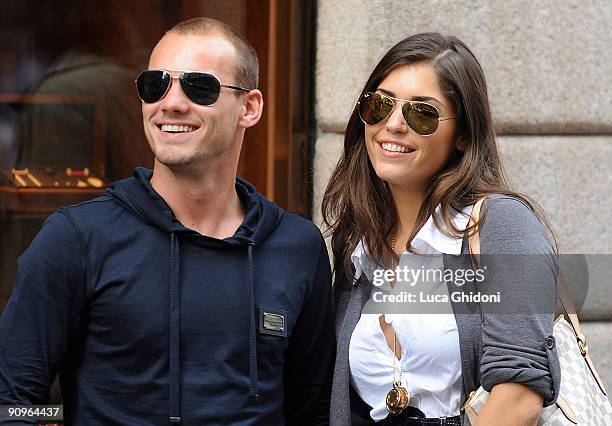 Inter Milan football player Wesley Sneijder and Yolanthe Cabau van Kasbergen are seen shopping on September 18, 2009 in Milan, Italy.