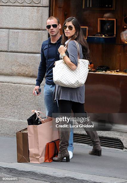 Inter Milan football player Wesley Sneijder and Yolanthe Cabau van Kasbergen are seen shopping on September 18, 2009 in Milan, Italy.