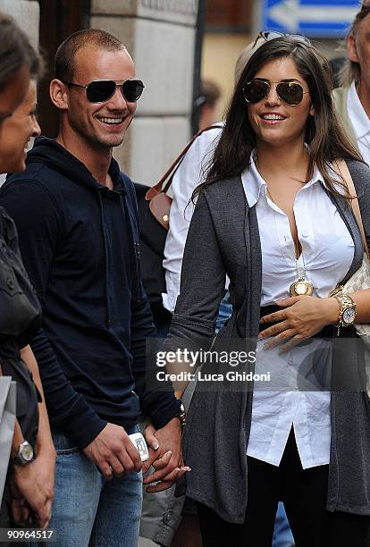 Inter Milan football player Wesley Sneijder and Yolanthe Cabau van Kasbergen are seen shopping on September 18, 2009 in Milan, Italy.