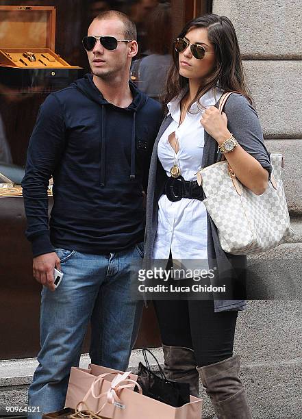 Inter Milan football player Wesley Sneijder and Yolanthe Cabau van Kasbergen are seen shopping on September 18, 2009 in Milan, Italy.