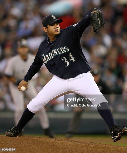 Starting pitcher Felix Hernandez of the Seattle Mariners pitches against the New York Yankees on September 18, 2009 at Safeco Field in Seattle,...