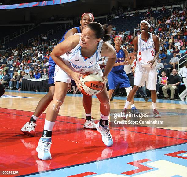 Armintie Price of the Atlanta Dream grabs a loose ball during Game Two of the WNBA Eastern Conference Semifinals against the Detroit Shock at...