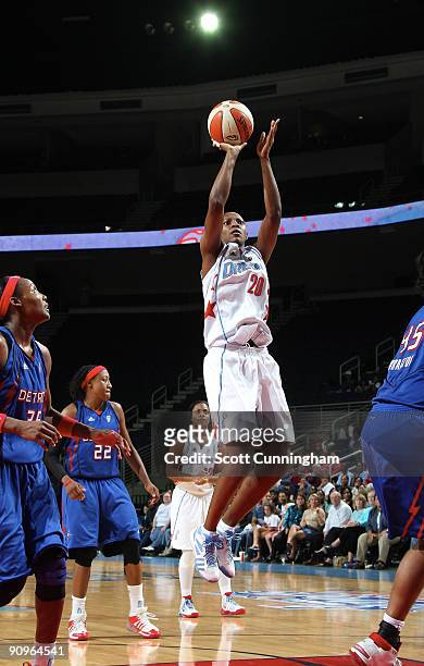Sancho Lyttle of the Atlanta Dream puts up a shot during Game Two of the WNBA Eastern Conference Semifinals against the Detroit Shock at Gwinnett...